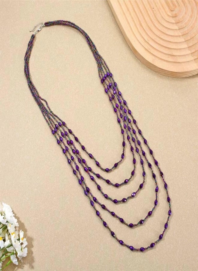 Xalroco Long Layered Necklace for Women Trendy Colorful Boho Chunky Crystal Beaded Jewelry Womens Dainty Statement Fashion Necklaces Costume Bead Strand Necklace (Purple) - Image 2